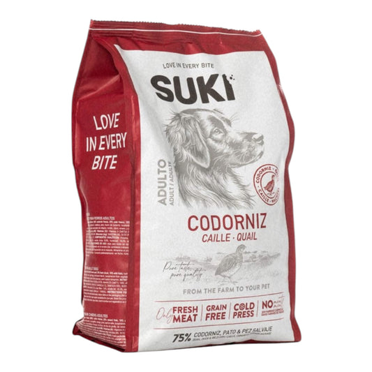 Saco de pienso semihúmedo Suki de codorniz, pato y pez salvaje para perros adultos, 3 kg