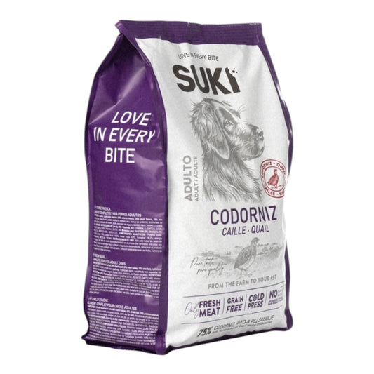 Saco de pienso semihúmedo Suki de codorniz, pavo y pez salvaje para perros adultos, 3 kg