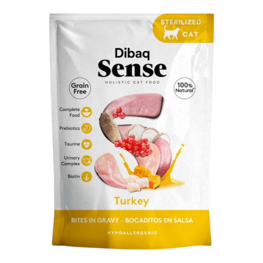 Sobre de comida húmeda Dibaq Sense Bocaditos en Salsa Pavo 100g para gatos esterilizados