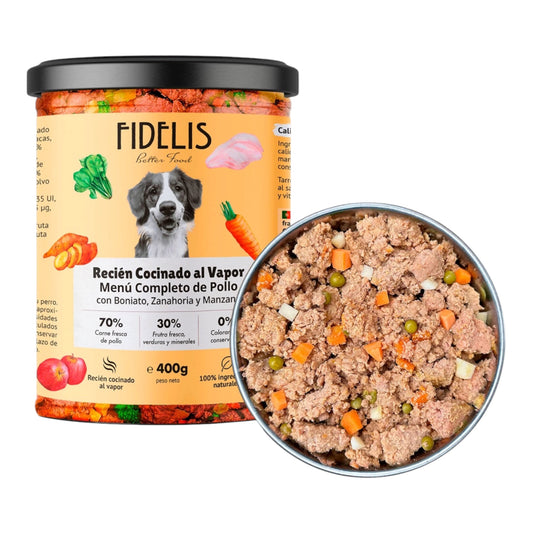 Tarro de 400 g de Fidelis pollo con boniato, zanahoria y manzana, comida húmeda natural para perros