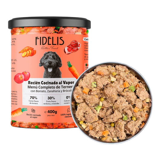 Tarro de 400 g de Fidelis ternera con boniato, manzana y brócoli, comida húmeda natural para perros