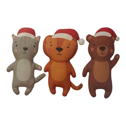 Peluches navideños para perro Animales del Bosque: gatito, león y oso con gorro de Papá Noel
