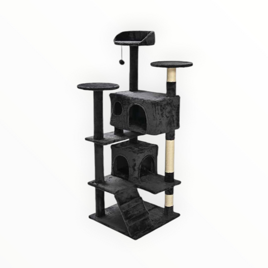 Rascador Atlas para gatos, árbol de 134 cm con dos cuevas en gris antracita