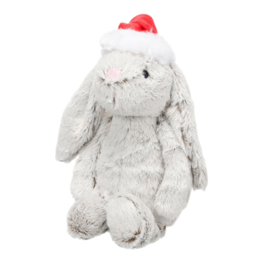 Peluche conejo navideño gris con gorro de Papá Noel y chirriador para perros