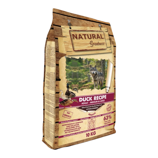 Pienso Natural Greatness Receta Pato sin cereales, patata ni guisantes para perros adultos medianos y grandes