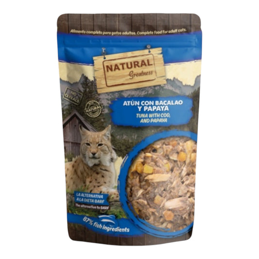 Natural Greatness Atún con Bacalao y Papaya — Sobre de Alimento Húmedo Completo para Gatos 70 g