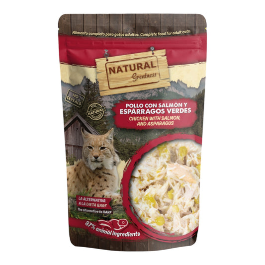 Natural Greatness Pollo con Salmón y Espárragos Verdes — Sobre de Alimento Húmedo Completo para Gatos 70 g