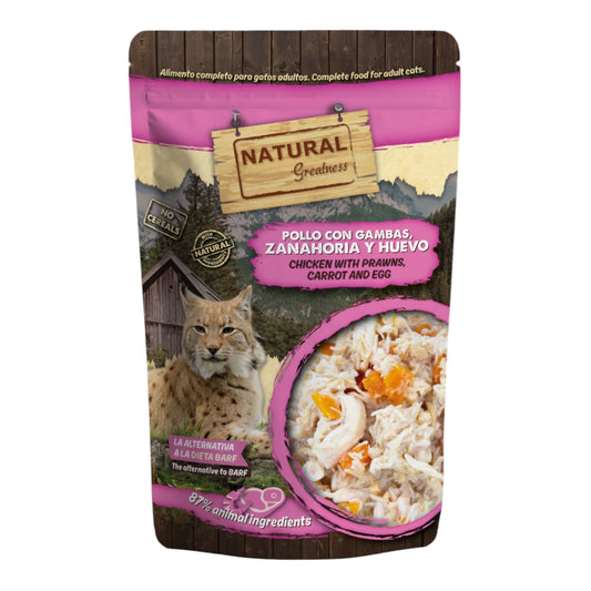 Natural Greatness Pollo con Gambas, Zanahoria y Huevo — Sobre de Alimento Húmedo Completo para Gatos 70 g
