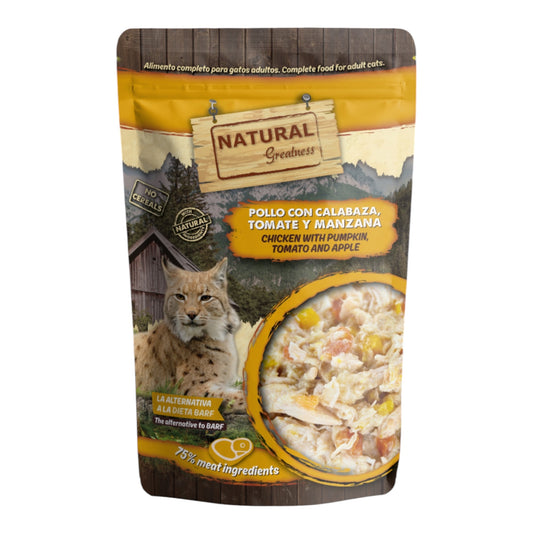 Natural Greatness Pollo con Calabaza, Tomate y Manzana — Sobre de Alimento Húmedo Completo para Gatos 70 g