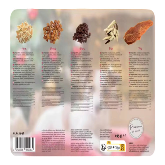 Las cinco variedades de snack del calendario de Adviento Bubimex para perros con su composición
