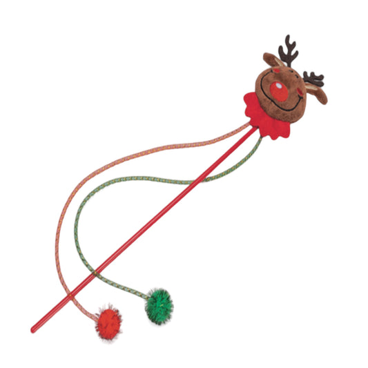 Caña Xmas Reno con borlas para gatos — 40 cm, juego interactivo