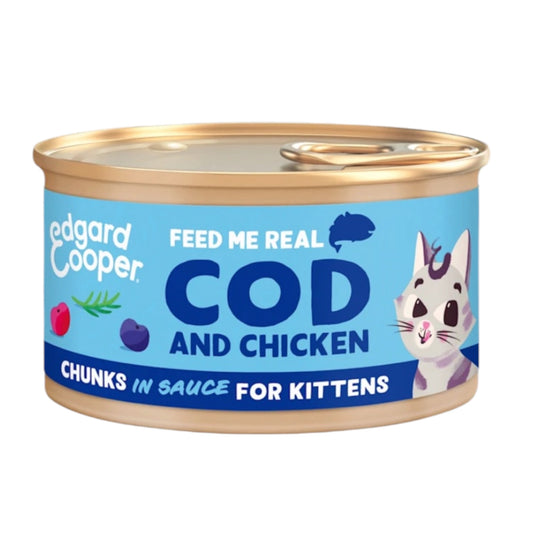 Edgard & Cooper Lata Trocitos de Bacalao y Pollo en Salsa para Gatitos — Sin Cereales