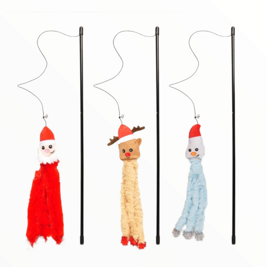 Caña Xmas con figuras navideñas para gatos — Papá Noel, muñeco de nieve o reno