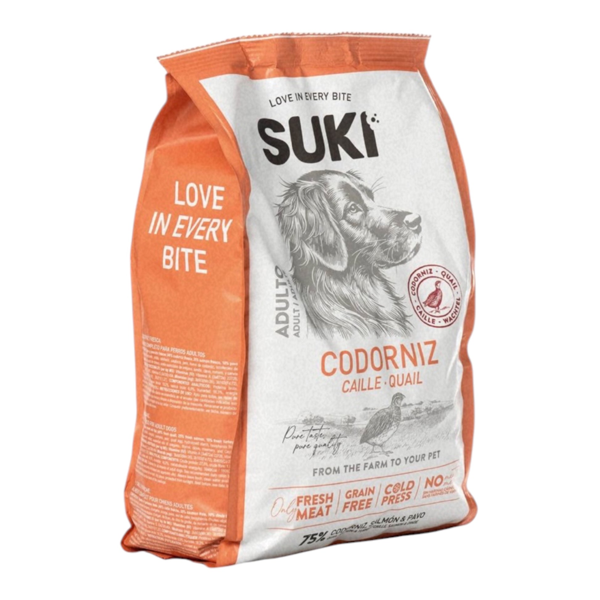 Saco de pienso semihúmedo Suki de codorniz, salmón y pavo para perros adultos, 3 kg