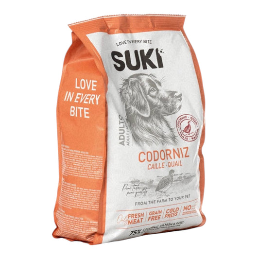 Saco de pienso semihúmedo Suki de codorniz, salmón y pavo para perros adultos, 3 kg
