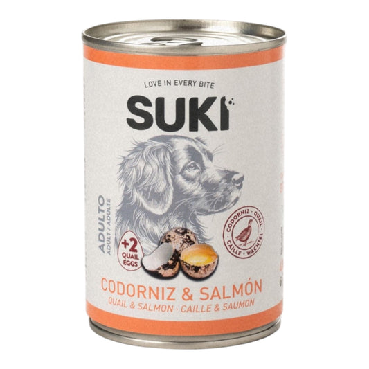 Lata de comida húmeda completa Suki de codorniz y salmón para perros adultos, 400 g
