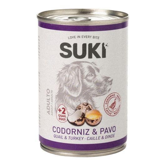 Lata de comida húmeda completa Suki de codorniz y pavo para perros adultos, 400 g