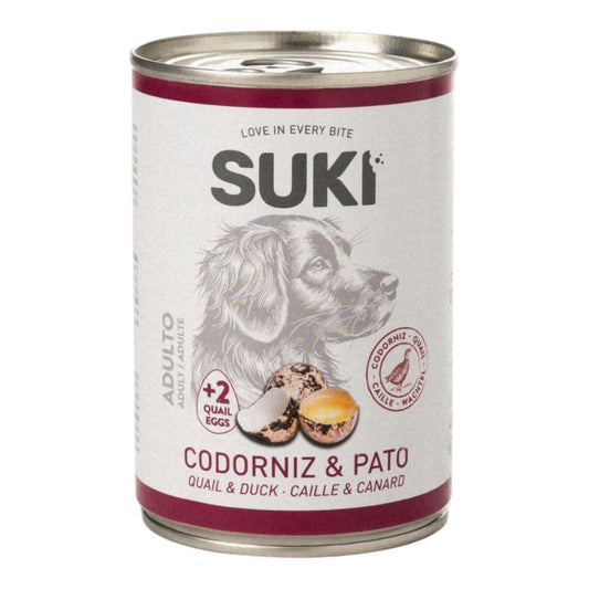 Lata de comida húmeda completa Suki de codorniz y pato para perros adultos, 400 g