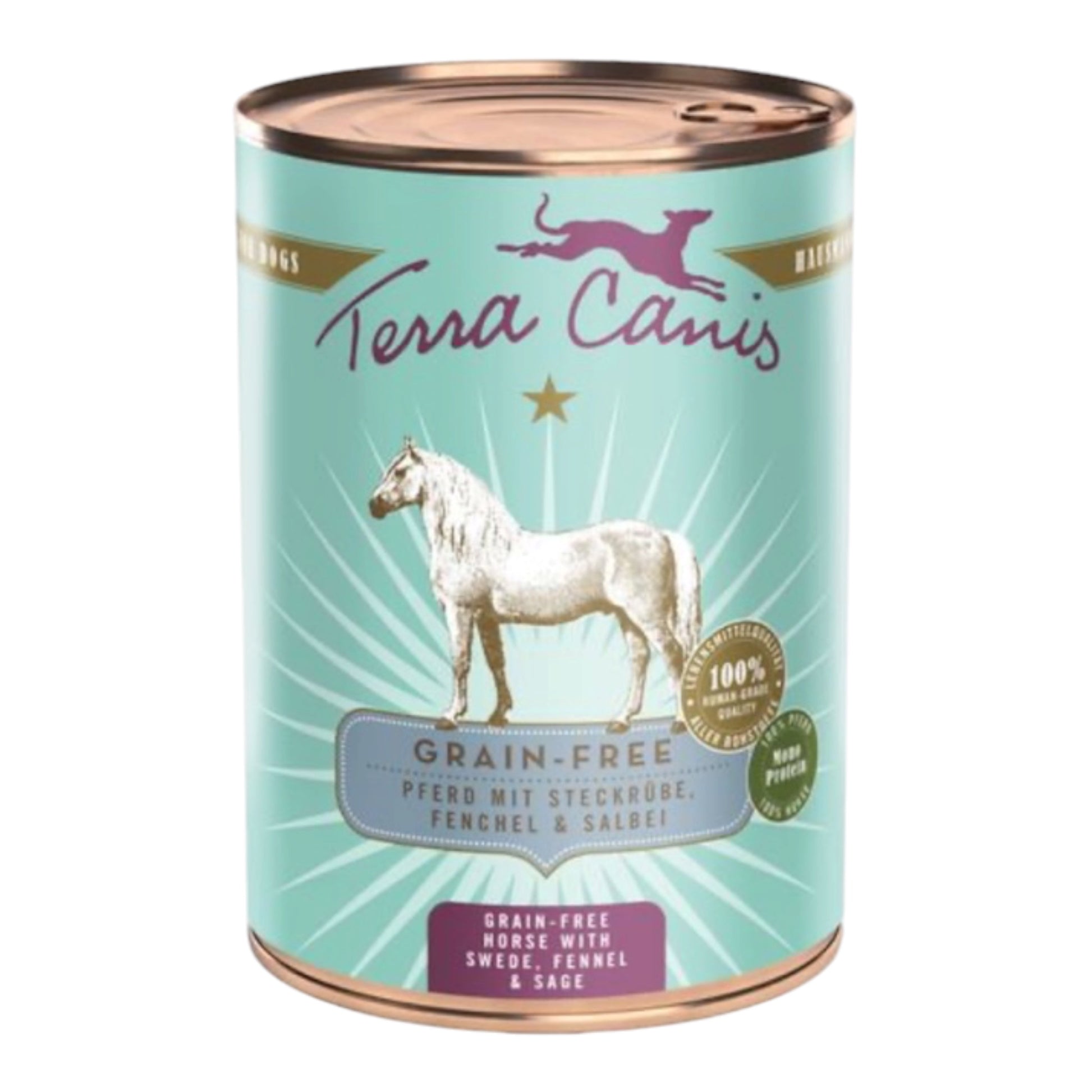 Lata de comida húmeda Terra Canis grain free de caballo con colinabo, hinojo y salvia para perros, 400 g