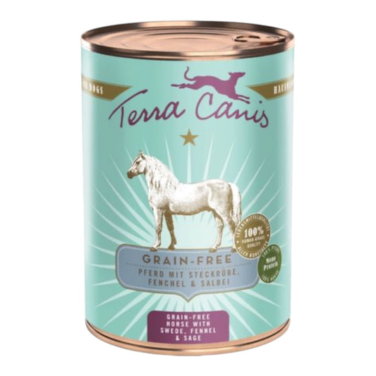 Lata de comida húmeda Terra Canis grain free de caballo con colinabo, hinojo y salvia para perros, 400 g