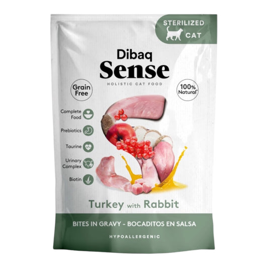 Sobre de comida húmeda Dibaq Sense Bocaditos en Salsa Pavo y Conejo 100g para gatos esterilizados