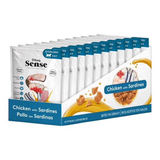 Dibaq Sense Bocaditos en Salsa Pollo y Sardinas 100g — Comida Húmeda para Gatos Esterilizados
