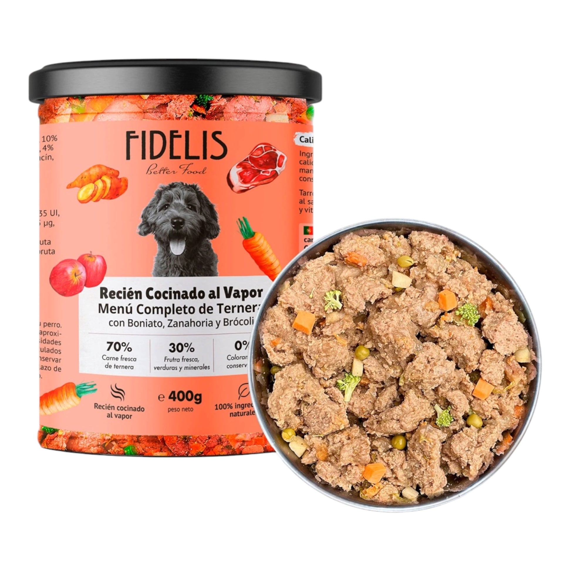 Tarro de 400 g de Fidelis ternera con boniato, manzana y brócoli, comida húmeda natural para perros