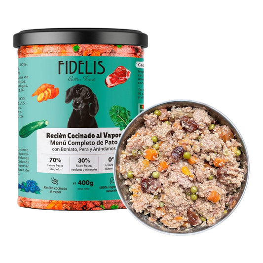 Tarro de 400 g de Fidelis pato con boniato, pera y arándanos, comida húmeda natural para perros