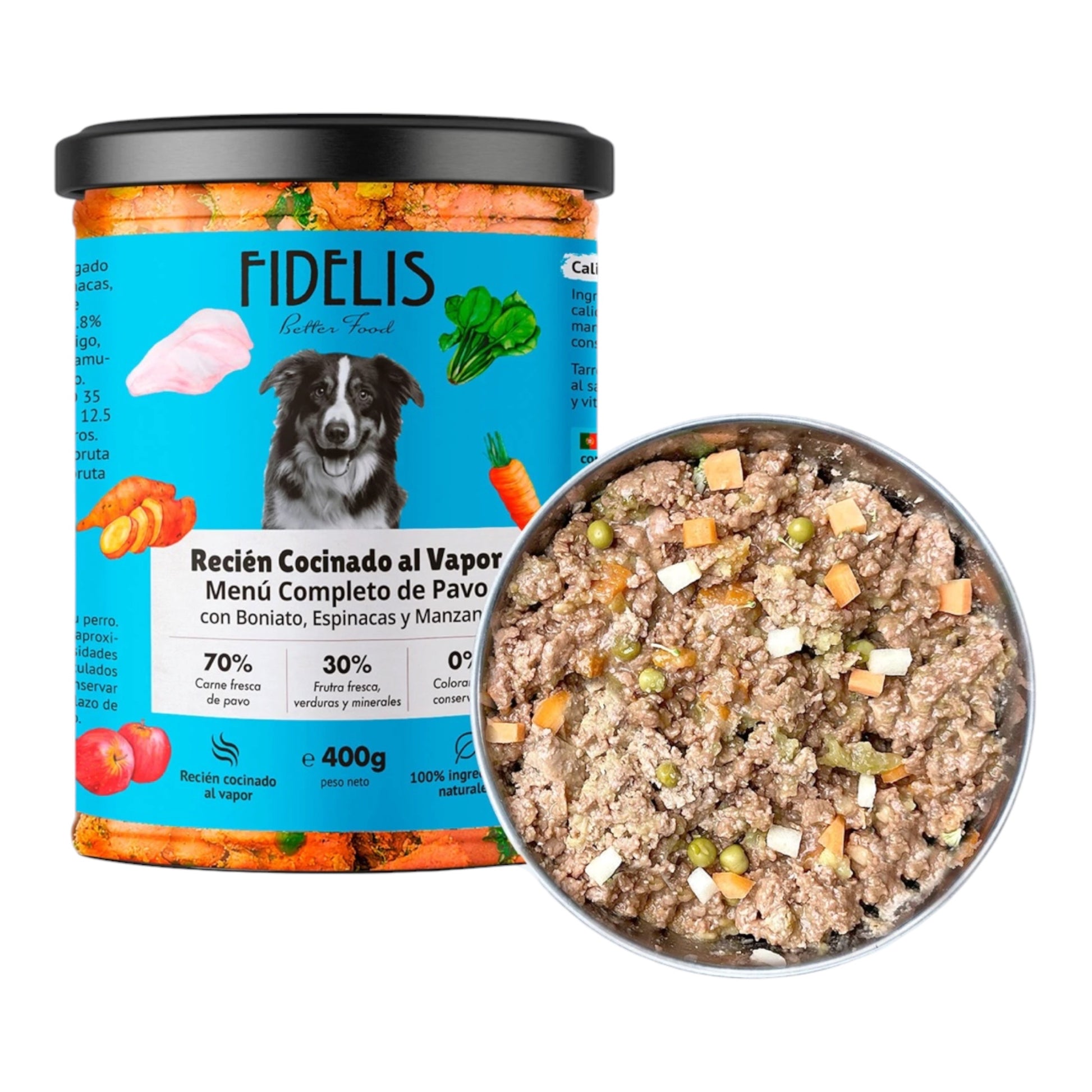 Tarro de 400 g de Fidelis pavo con boniato, espinacas y manzana, comida húmeda natural para perros