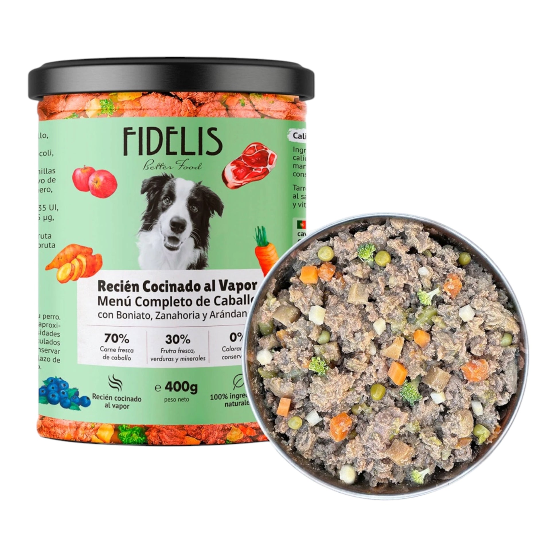 Tarro de 400 g de Fidelis caballo con boniato, zanahoria y arándanos, comida húmeda para perros alérgicos