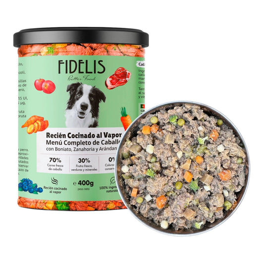 Tarro de 400 g de Fidelis caballo con boniato, zanahoria y arándanos, comida húmeda para perros alérgicos