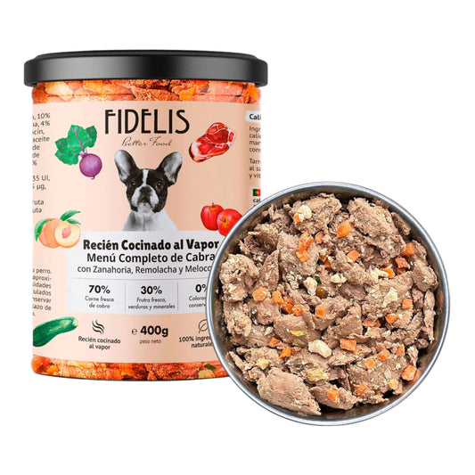 Tarro de 400 g de Fidelis cabra con zanahoria, remolacha y melocotón, comida húmeda para perros alérgicos