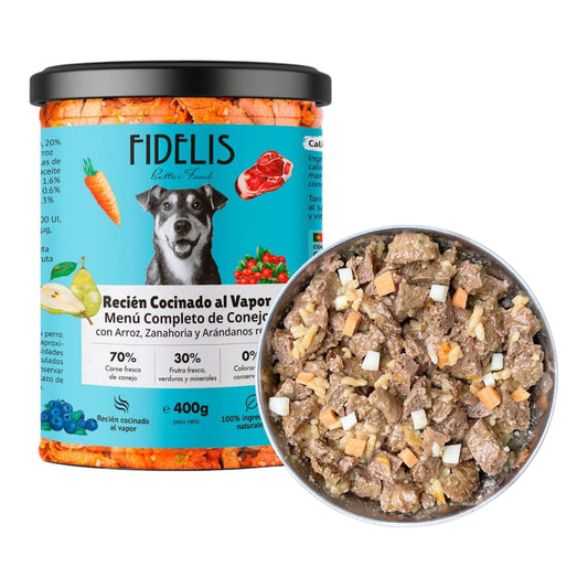 Tarro de 400 g de Fidelis conejo con arroz, zanahoria y arándanos, comida húmeda natural para perros