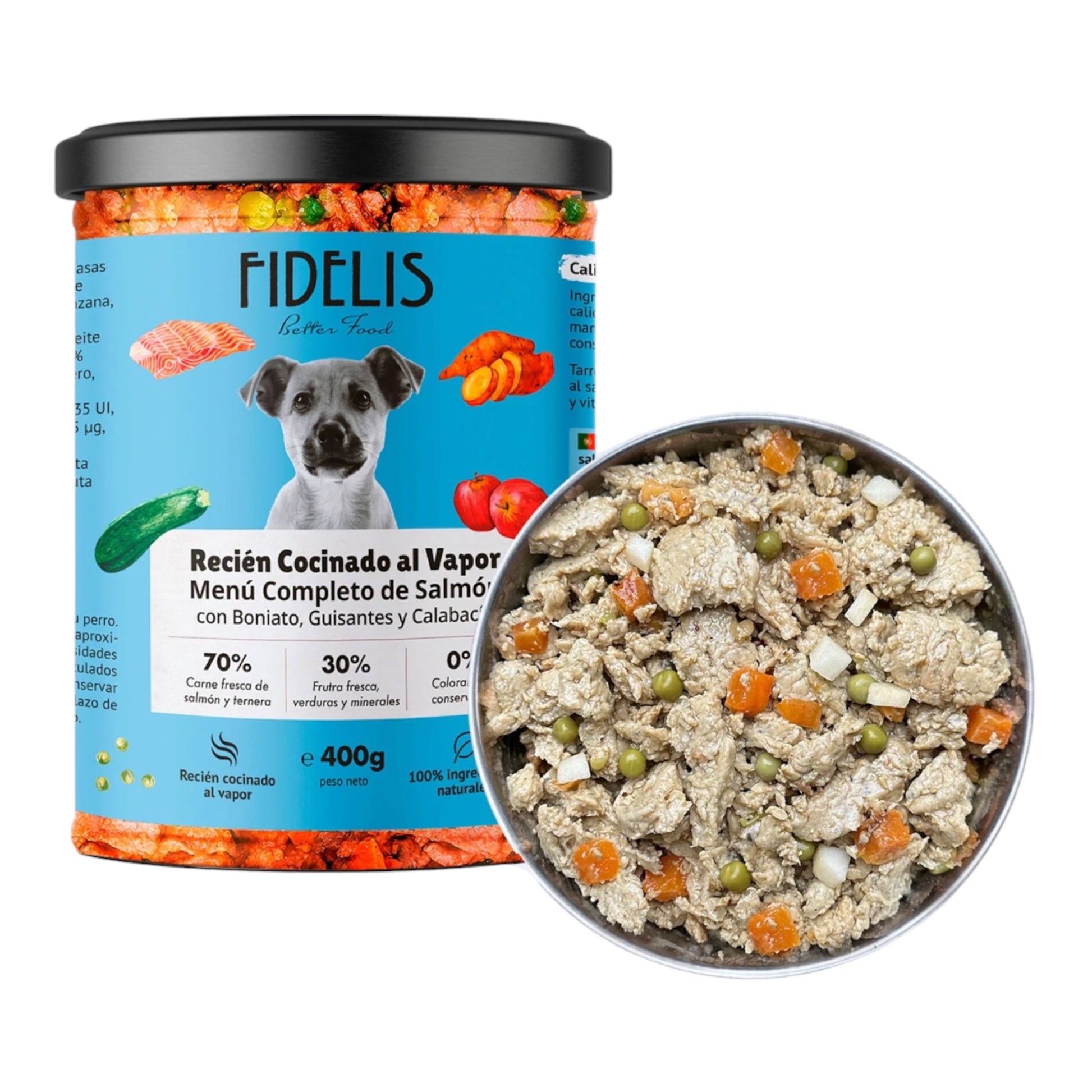 Tarro de 400 g de Fidelis salmón con boniato, guisantes y calabacín, comida húmeda natural para perros