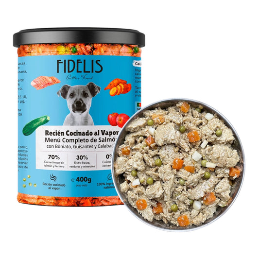 Tarro de 400 g de Fidelis salmón con boniato, guisantes y calabacín, comida húmeda natural para perros