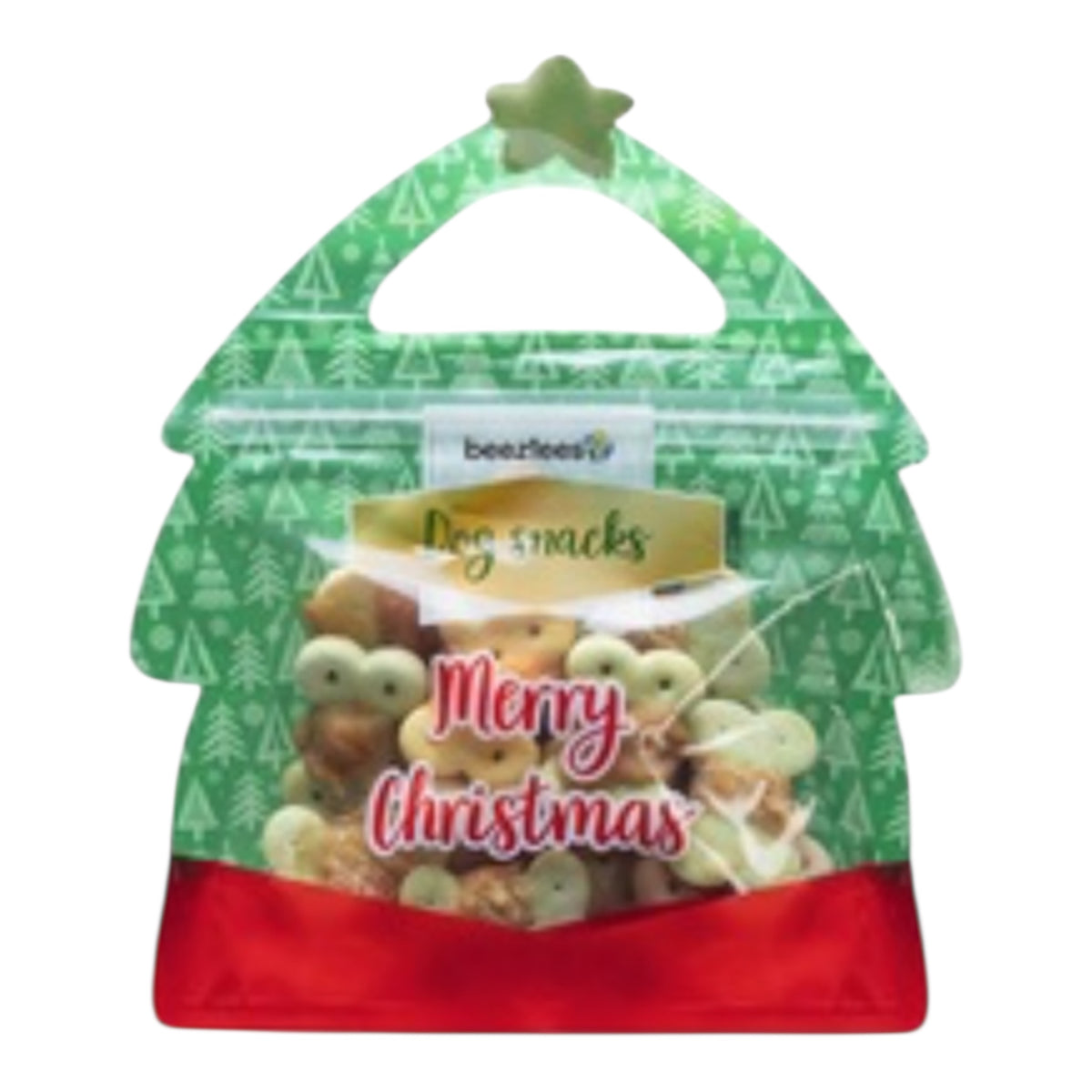 Bolsa navideña con forma de árbol con snacks de pollo para perros