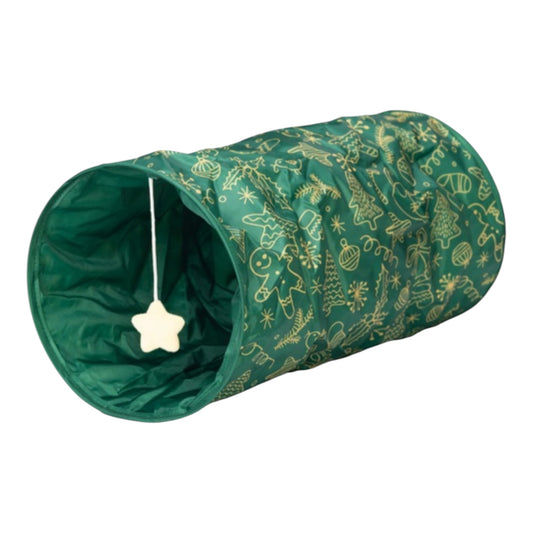 Túnel navideño de nylon verde de 50 cm con estrella dorada colgante para gatos y conejos