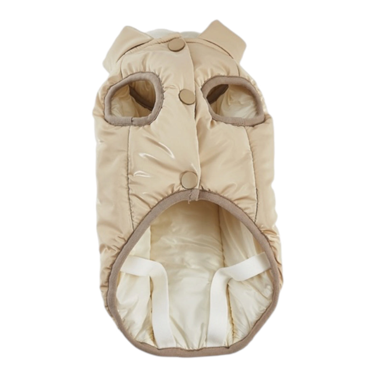 Abrigo WinterHug beige para perro, vista lateral con cierre de corchetes