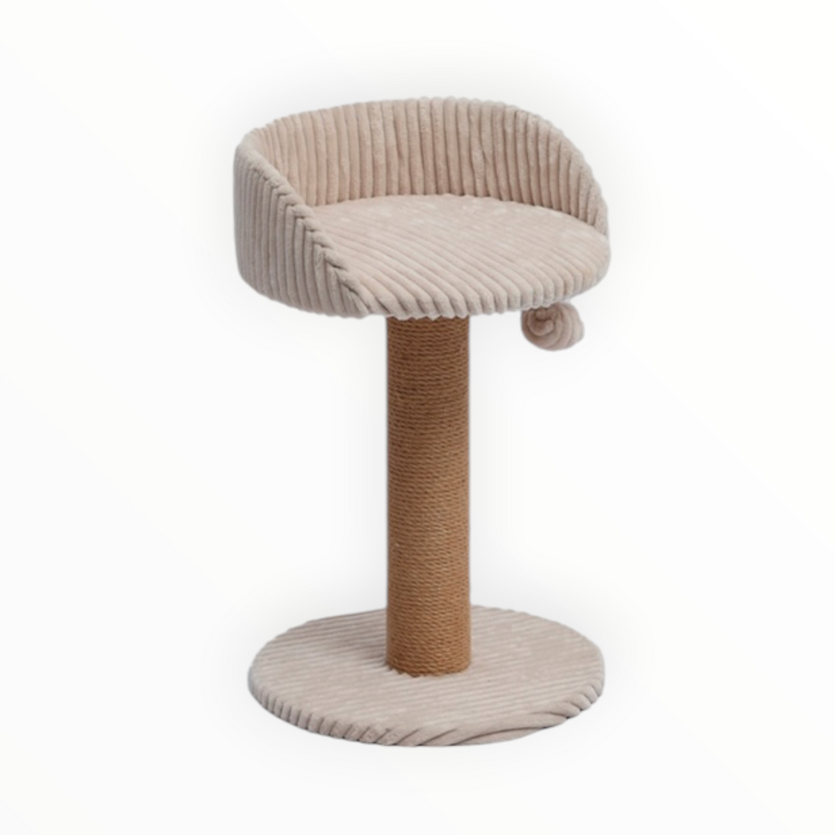 Rascador Silla & Scratch para gatos, vista completa con pompón colgante