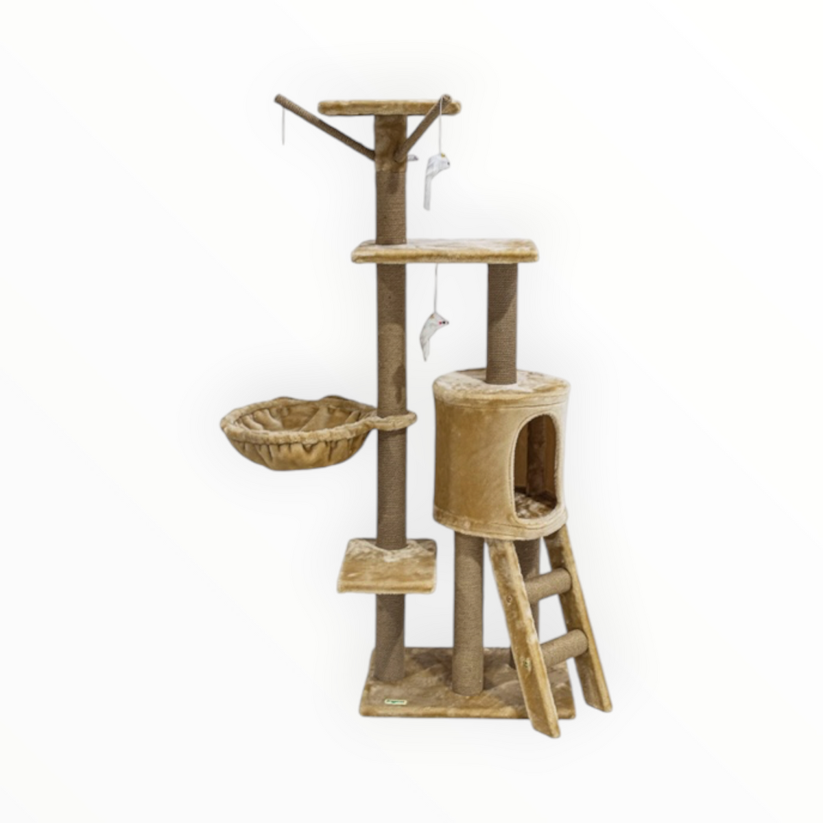 Rascador CurlCorner para gatos, torre de 140 cm con cueva y hamaca en marrón claro