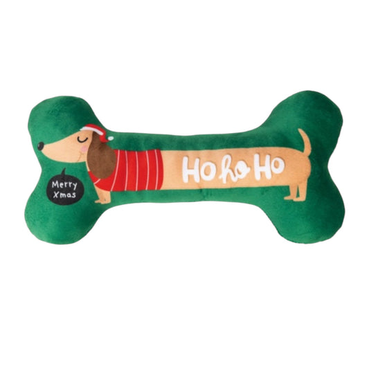 Hueso de peluche navideño Ho Ho Ho para perros con perro salchicha dibujado