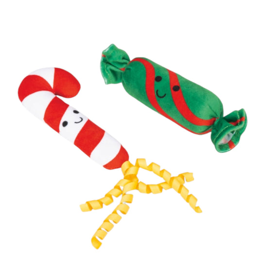 Set de dos peluches navideños con catnip para gatos, bastón de caramelo y caramelo verde