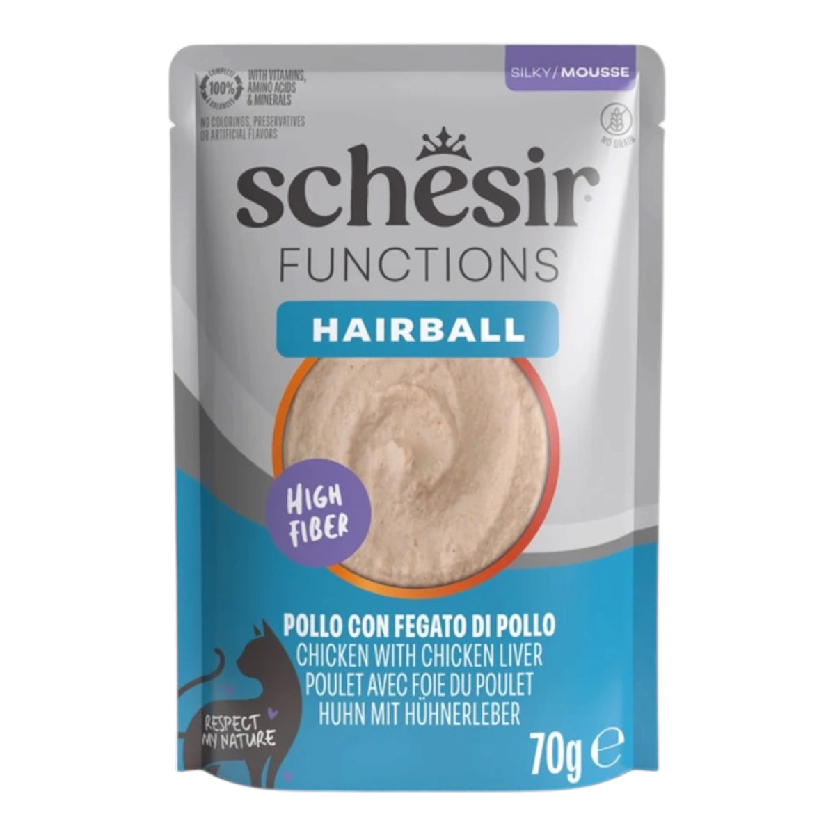 Schesir Functions Hairball mousse de pollo con hígado para gatos, sobre de 70 g
