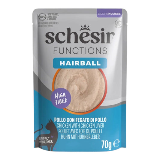 Schesir Functions Hairball mousse de pollo con hígado para gatos, sobre de 70 g