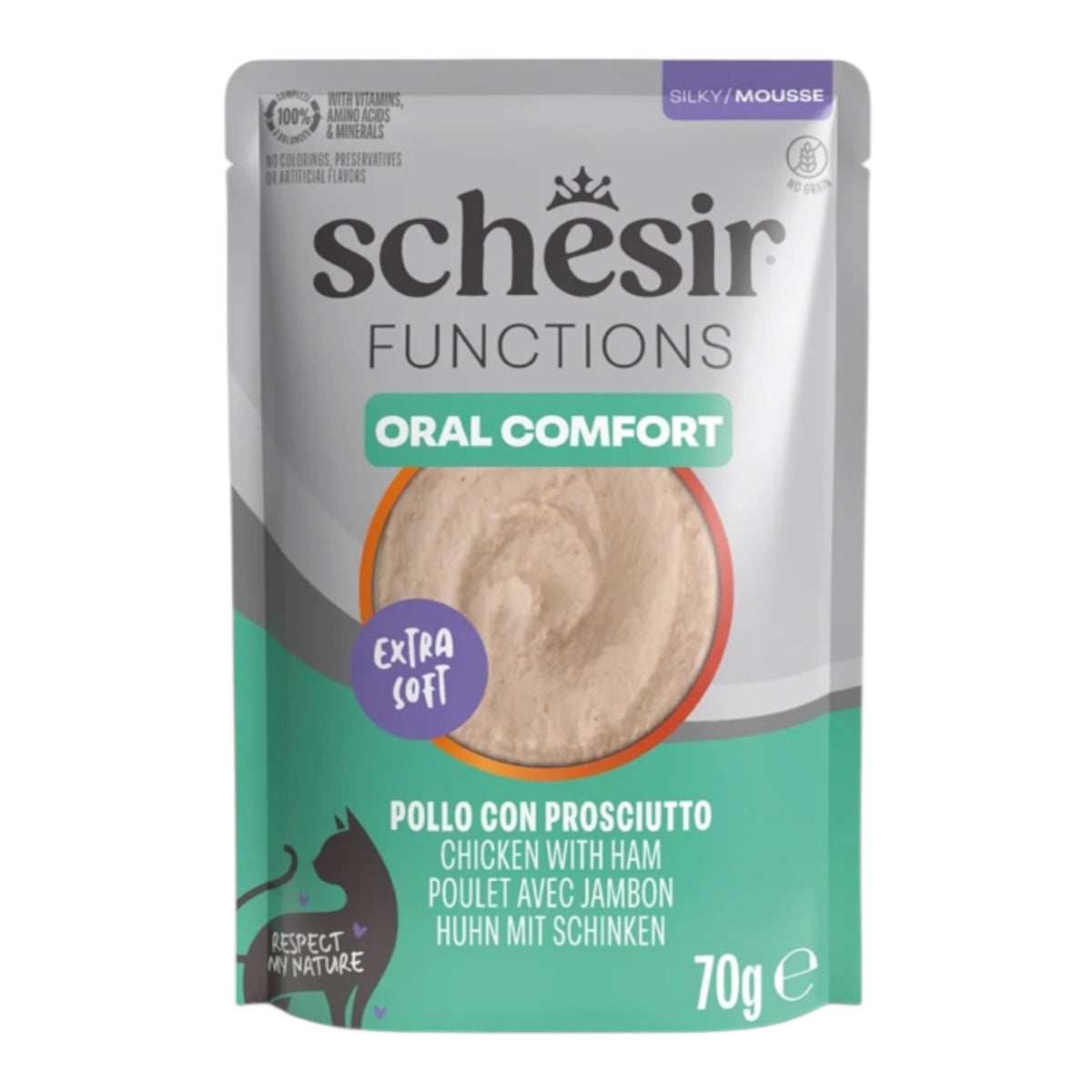 Schesir Functions Oral Comfort mousse de pollo con jamón para gatos, sobre de 70 g