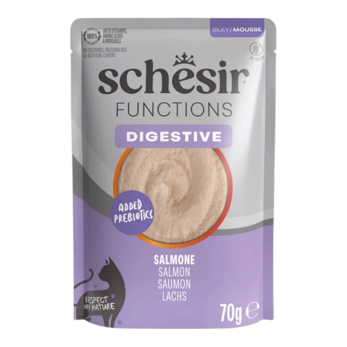 Schesir Functions Digestive mousse de salmón para gatos de estómago sensible, sobre de 70 g
