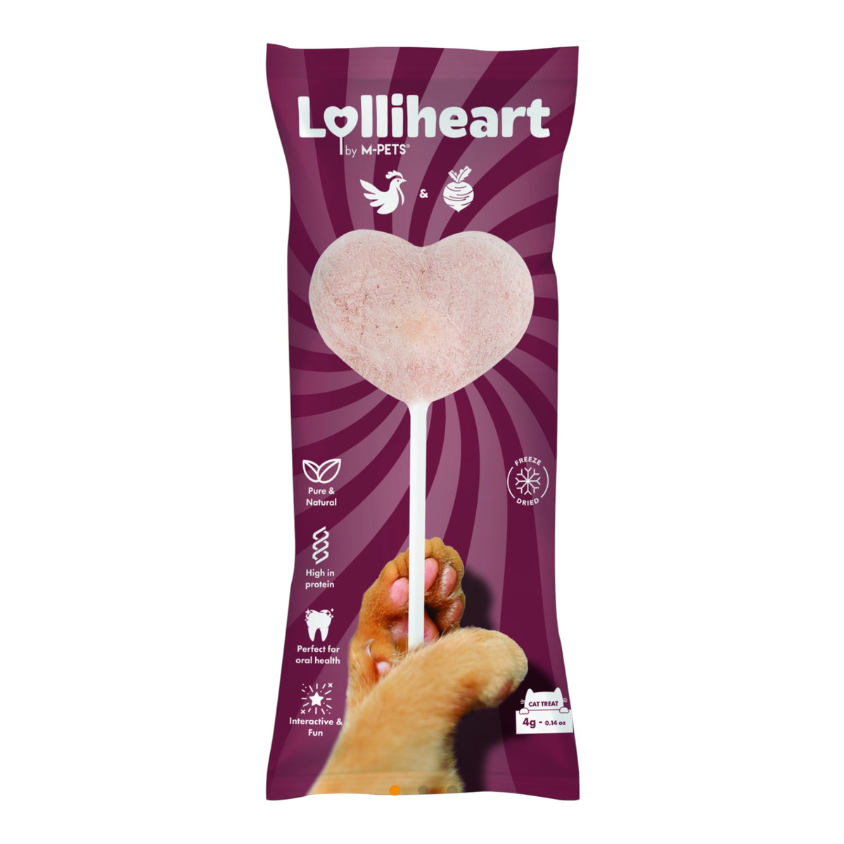 Detalle de la piruleta liofilizada LOLLIHEART de M-Pets para gatos