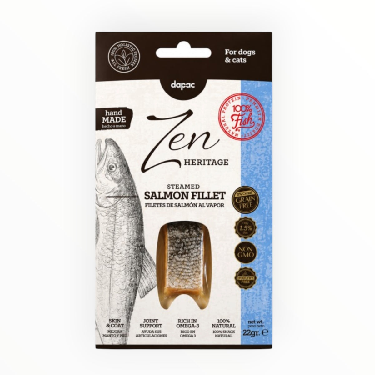 Zen Heritage filete de salmón al vapor de 22 g, snack natural para perros y gatos