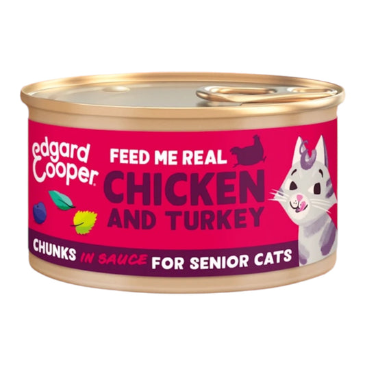 Edgard & Cooper Lata Trocitos de Pollo y Pavo en Salsa para Gatos Senior — Sin Cereales